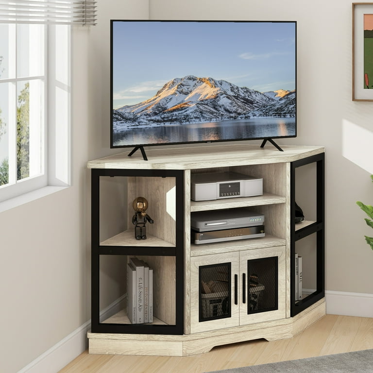 DWVO Solid Wood Farmhouse Corner TV Stand for 55 inch TVs with Power Outlet White Oak Walmart