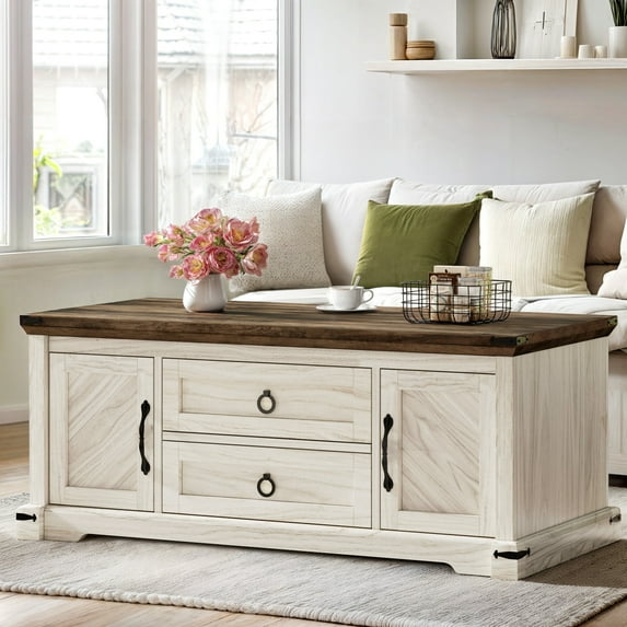DWVO Farmhouse Large Coffee Table with Storage, Rustic Cocktail Center Table for Living Room, Antique Cream & Brown