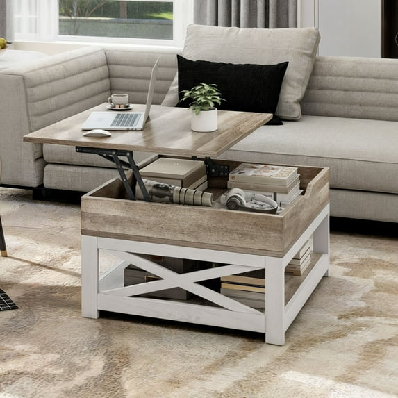 DWVO Farmhouse Lift Top Coffee Table w/ Hidden Storage Square Center Cocktail Table for Living Room, Gray Wash