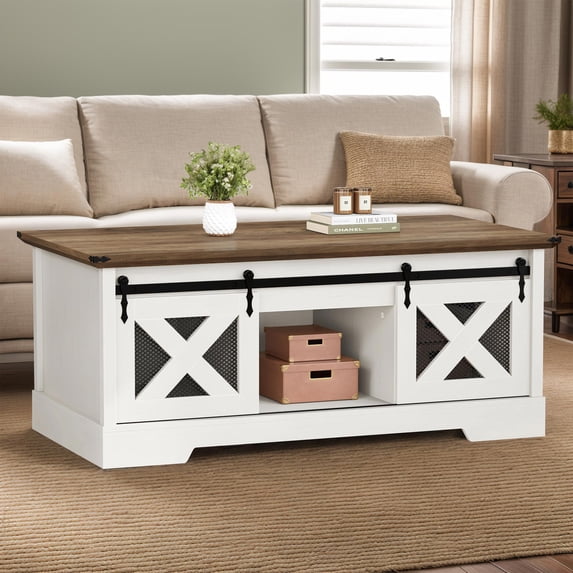 DWVO Farmhouse Lift Top Coffee Table with Storage & Sliding Door, Rustic Center Table for Living Room, White and Brown