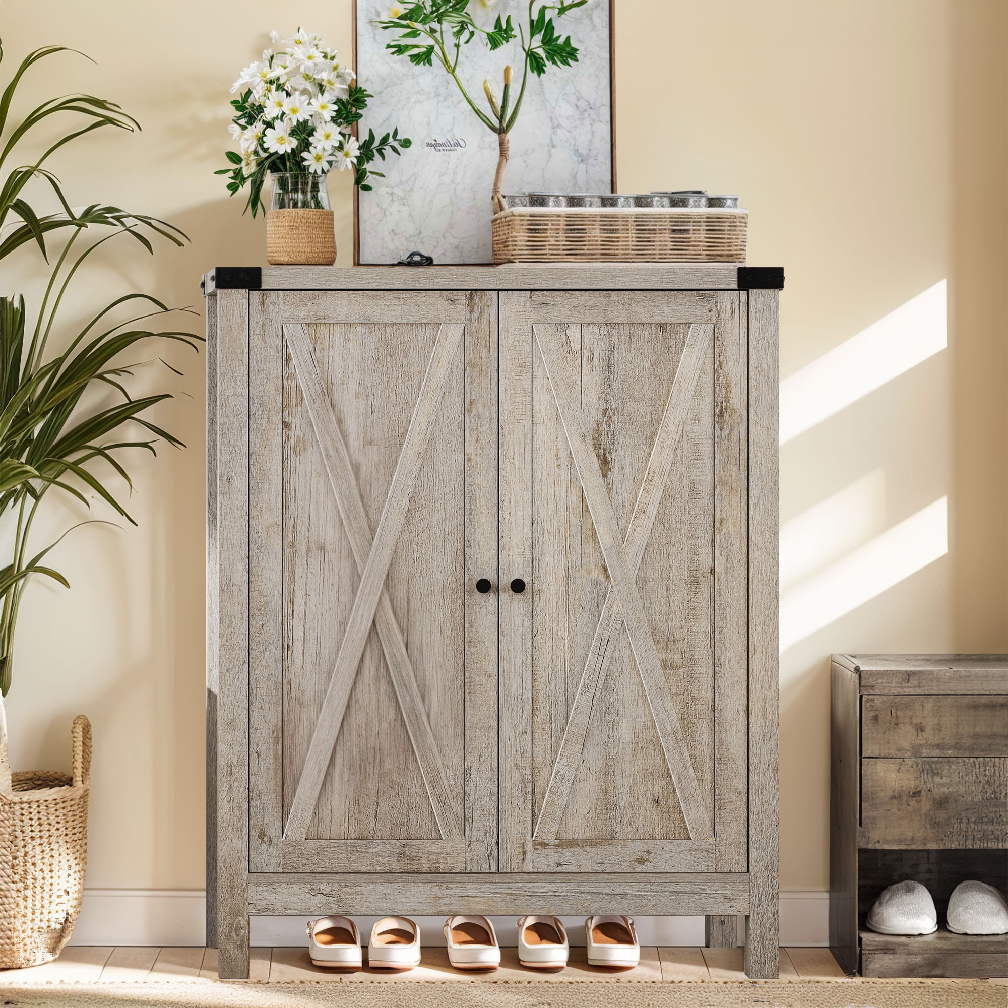 DWVO Farmhouse Shoe Cabinet with Barn Doors, 5-Tier Wood Shoe Storage