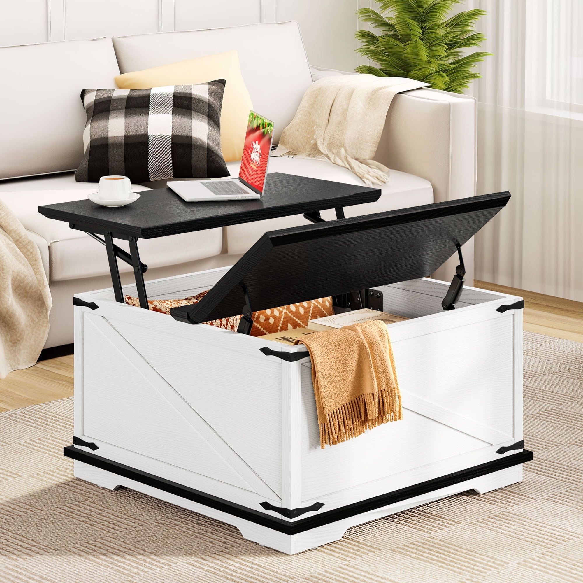 DWVO Farmhouse Square Lift Top Coffee Table with Storage, Wood Center ...