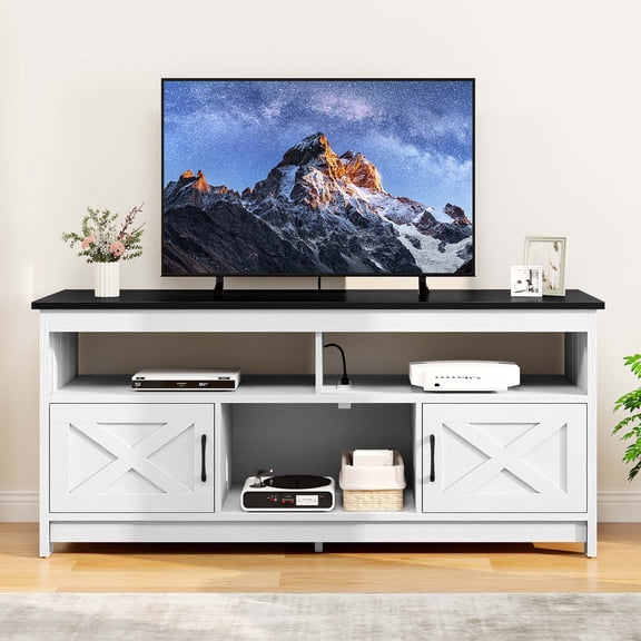 DWVO Farmhouse TV Stand for 65 inch with Power Outlet, Wood TV Table Media Console with Storage for Living Room