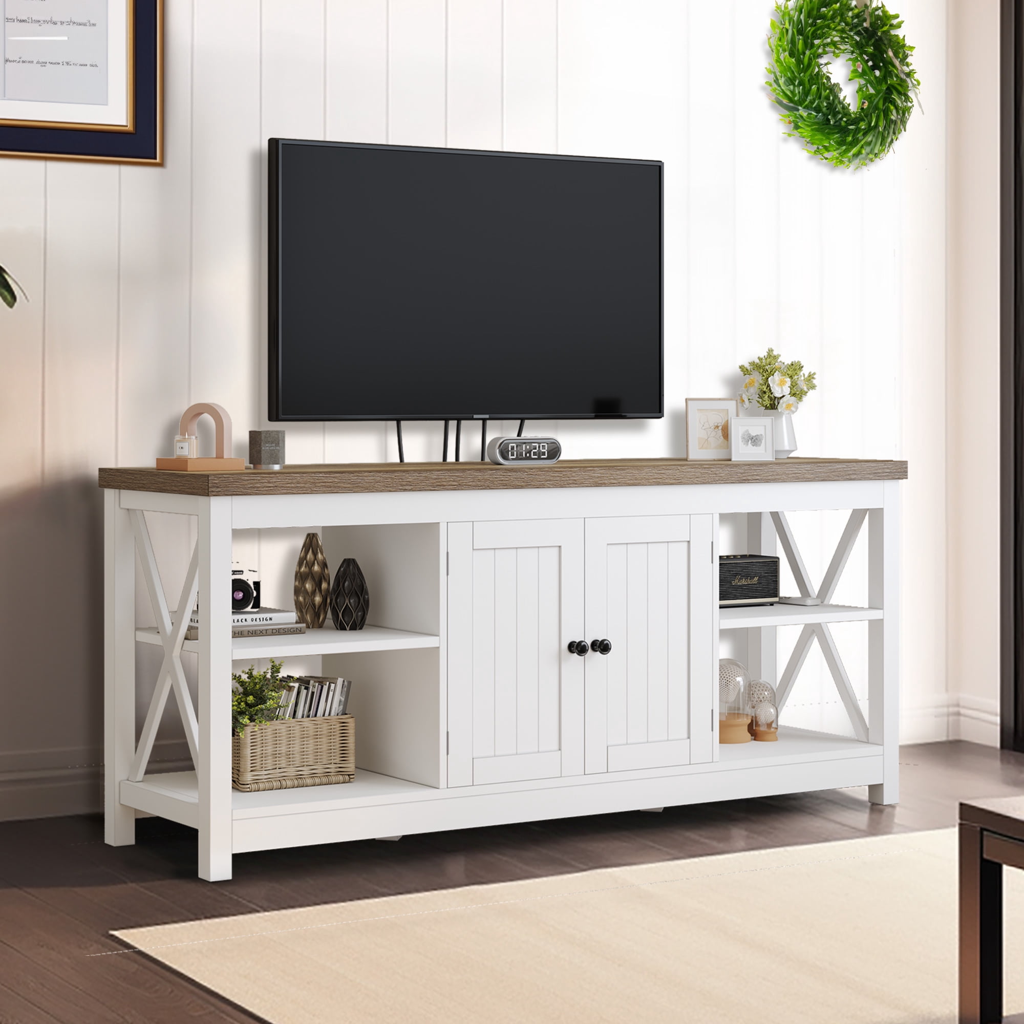 DWVO Farmhouse TV Stand For TVs Up To 60 Inch | 30.7" Tall Entertainment Center With Shutter Doors, Adjustable Shelves & Charging Station - White