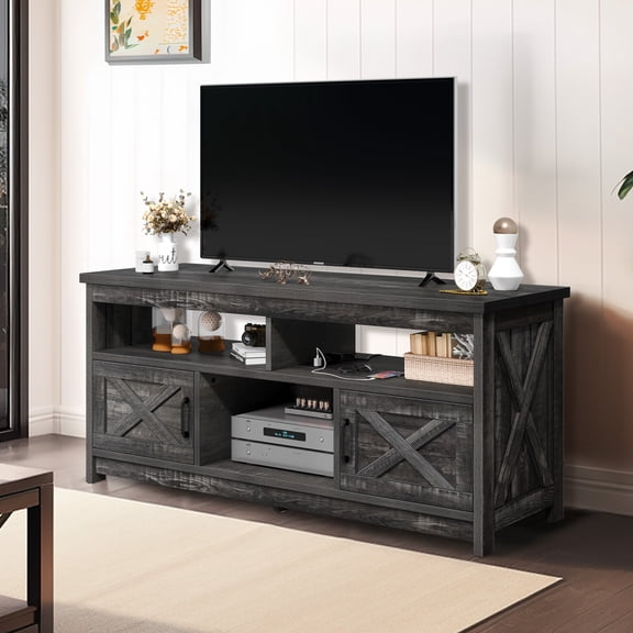 DWVO Farmhouse TV Stand up to 65 inch with Power Outlet, Media Console with Storage Shelves for Living Room, Gray