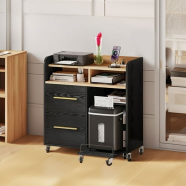 DWVO File Cabinet with Charging Station and Paper Shredder Stand, Printer Table Cabinet Rolling File Cabinet with 2 Drawers and Open Storage Shelves for Home Office,Black