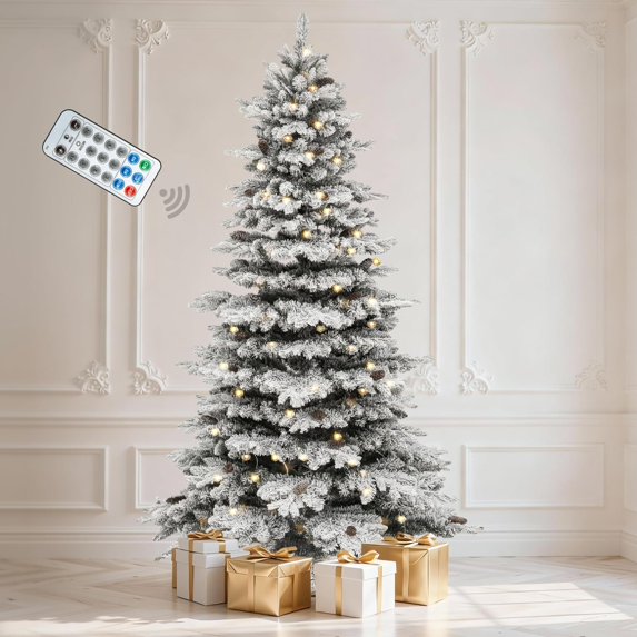 DWVO Flocked Mountain Pine Christmas Trees Prelit 7.5ft, Atificial Tree with 550 LED Lights & 55 Pine Cones, Full Flocked Xmaxs Trees with 1278 Branch Tips, Metal Hinged & Stand Home Party Decoration