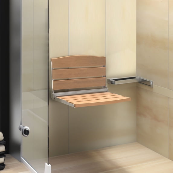 DWVO Folding Wall Mount Shower Bench Seat, Foldable Shower Bench Chair - Brown