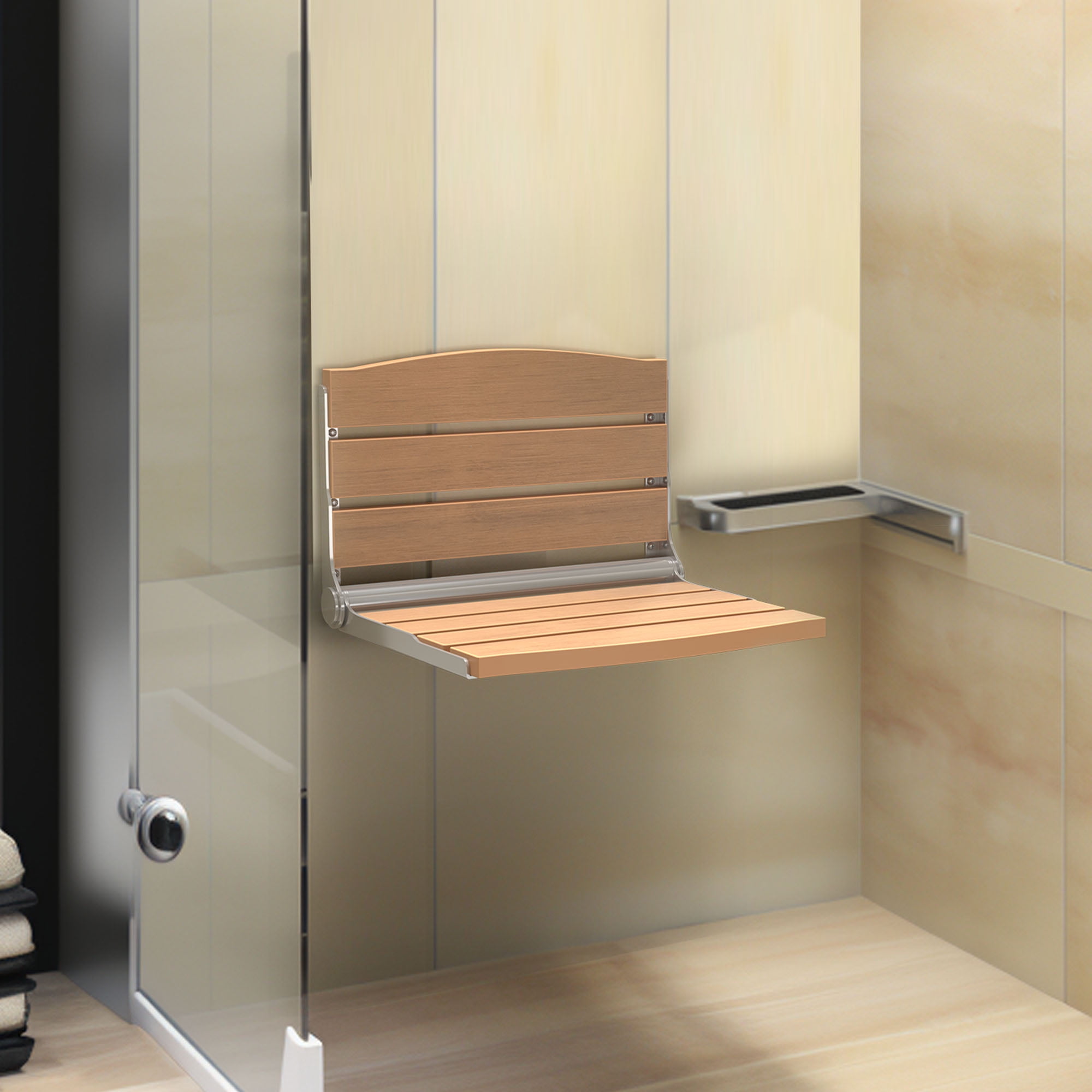 DWVO Folding Wall Mount Shower Bench Seat Foldable Shower Bench Chair Brown