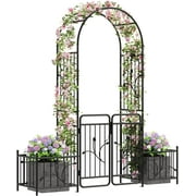 DWVO Garden Arbor and Arch with Gate & Planter Boxes, 87" H Outdoor Archway for Climbing Plants, Roses, Vines, Metal Wedding Arch Party Decor for Lawn, Patio, Backyard