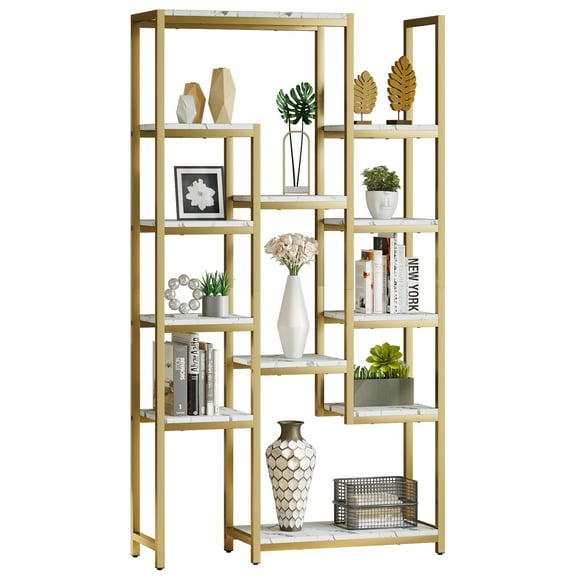 DWVO Gold Bookshelf ,  6 Tier Tall Modern Free Standing Bookcase, Faux Marble Open Display Storage Shelves for Office Home