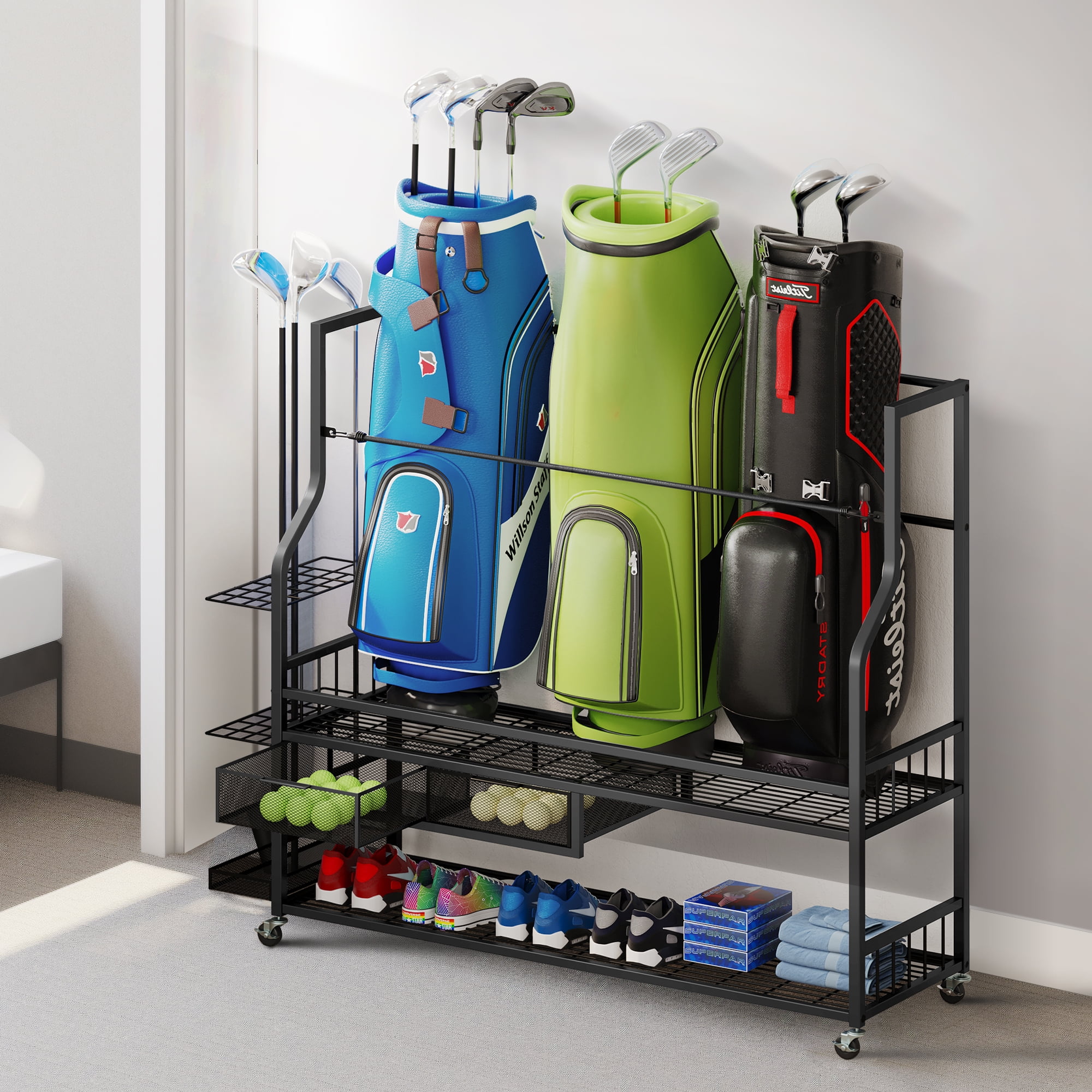 DWVO Golf Bags Storage Garage Organizer Golf Bag Rack Fits 4 Golf Bags and Golf Equipment Accessories Golf Club Storage Stand with Metal Shelf and Lockable Wheels for Garage Indoor Basement