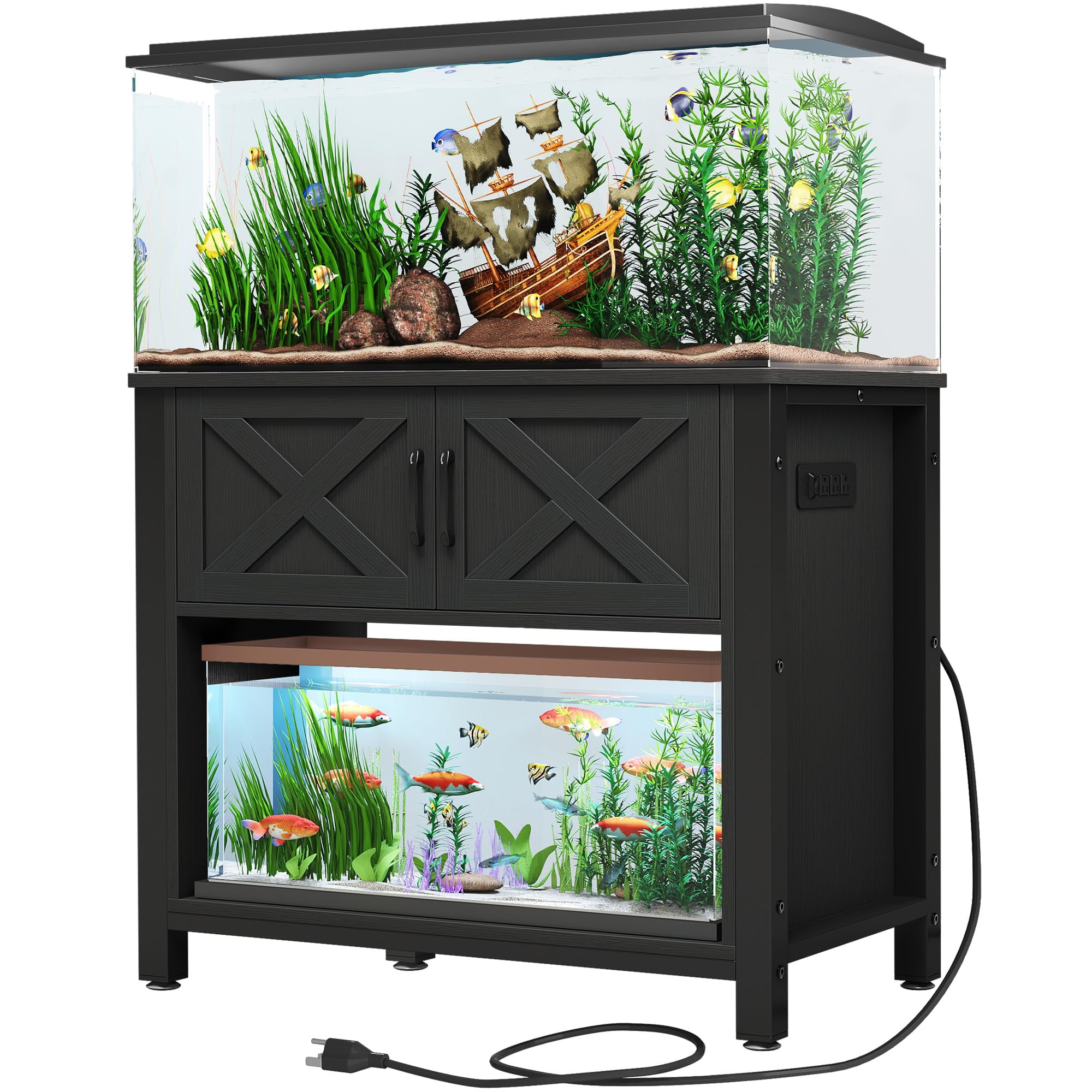 Black Metal Aquarium Stand with Cabinet and Power Outlets