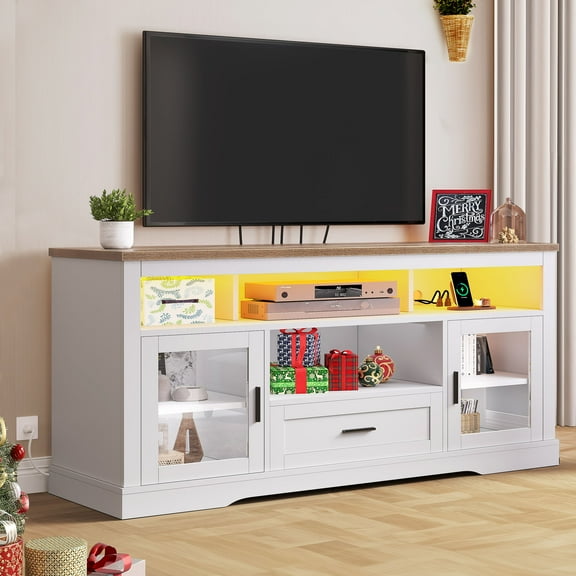 DWVO Highboy LED TV Stand w/Glass Doors for TV up to 65", Entertainment Center w/Outlets & USB Ports, White