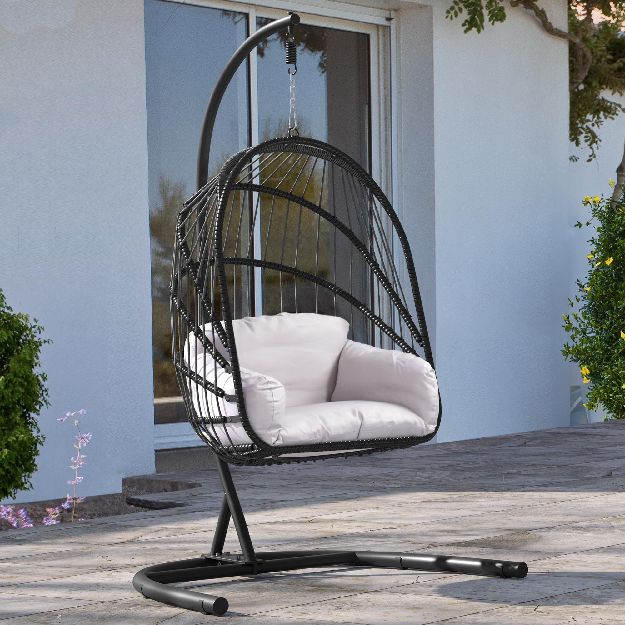 DWVO Indoor Outdoor Swing Egg Chair with Stand, Patio Wicker Hanging Egg Basket Chair with Soft