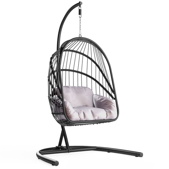 DWVO Indoor/Outdoor Wicker Swing Egg Chair Hammock Hanging Chair Nest Basket with Stand, UV Resistant Removable & Washable Cushions,350LB Capacity for Bedroom, Balcony, Garden - Black
