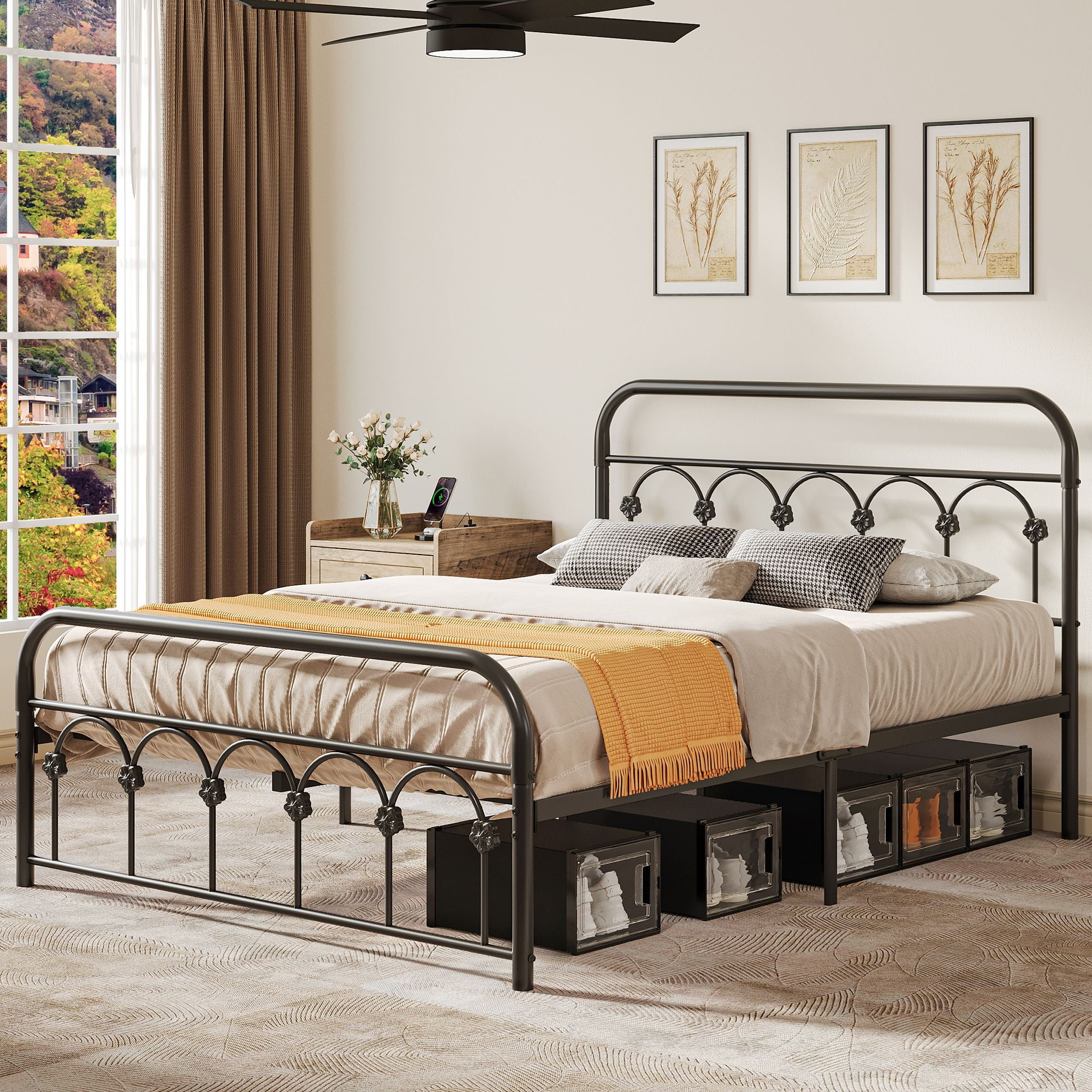 DWVO Industrial Metal Queen Platform Bed Frame with Headboard and