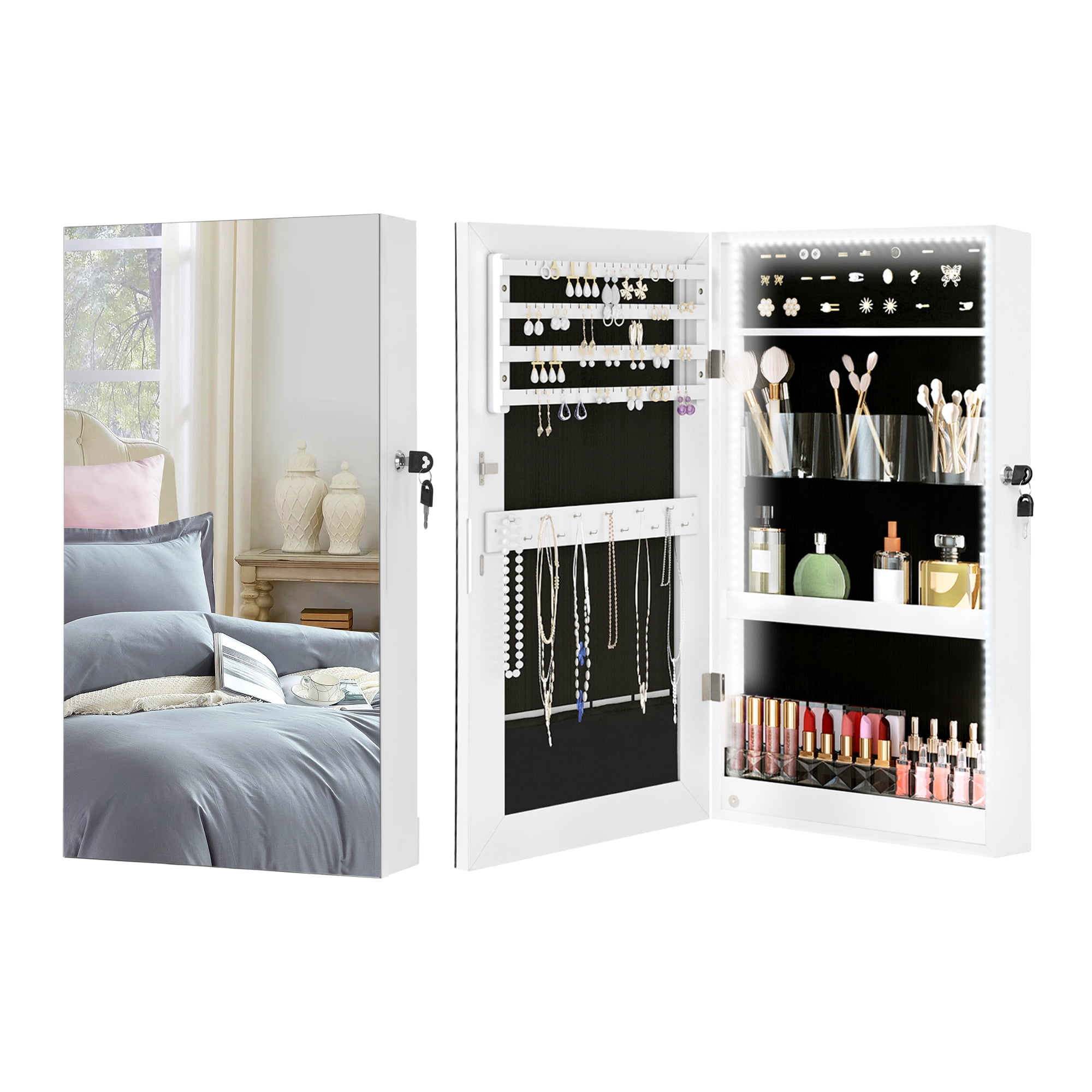 DWVO Full Size Lighted Jewelry Armoire, Lockable WallMounted Mirrored