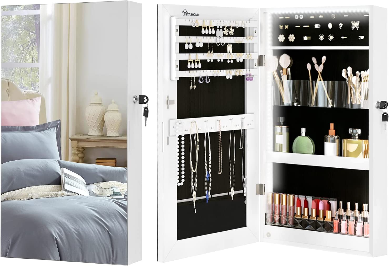 DWVO Jewelry Armoire Lockable WallMounted Mirrored Jewelry Storage Organizer White