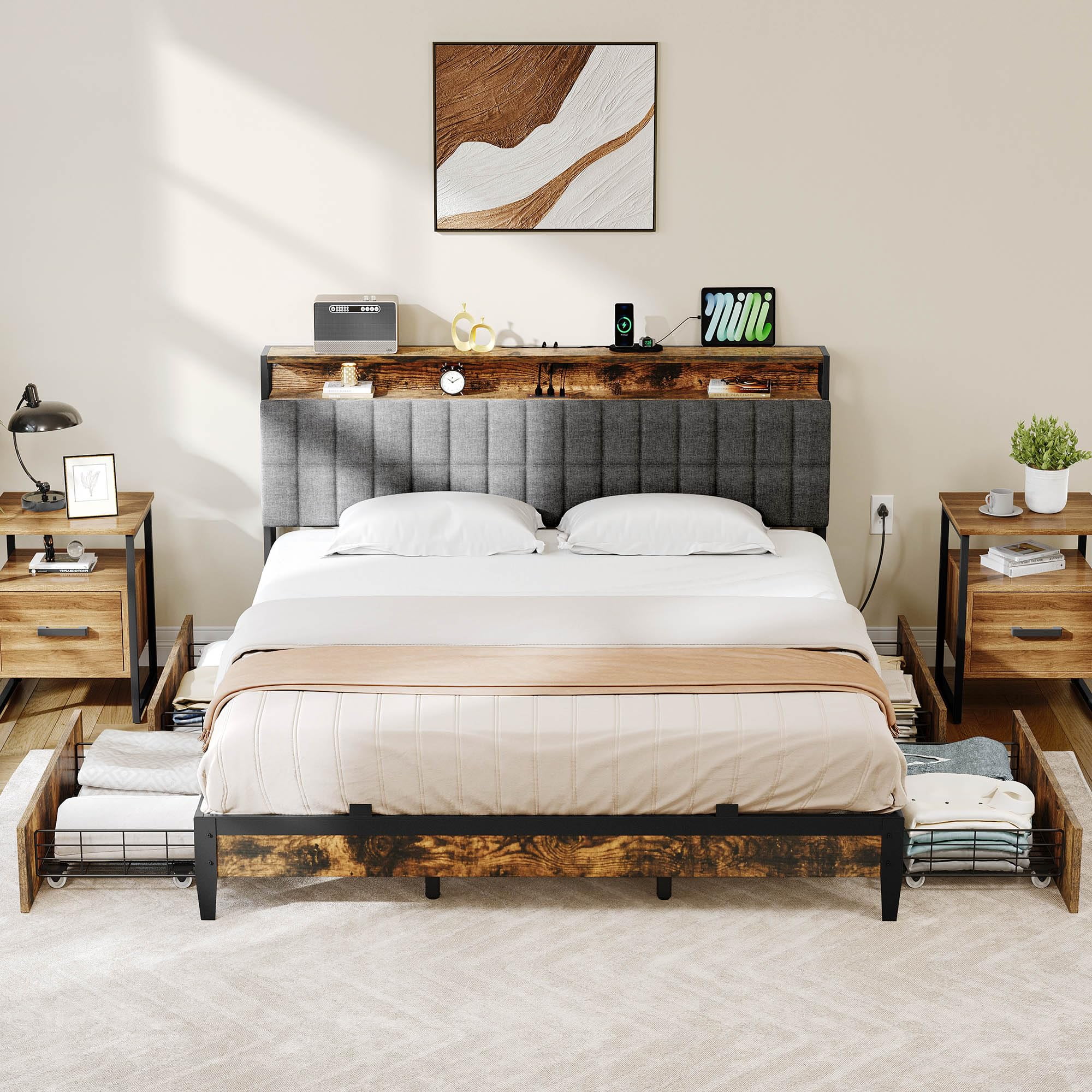 DWVO King Size Bed Frame, Upholstered Platform Bed Frame with 4 Drawers