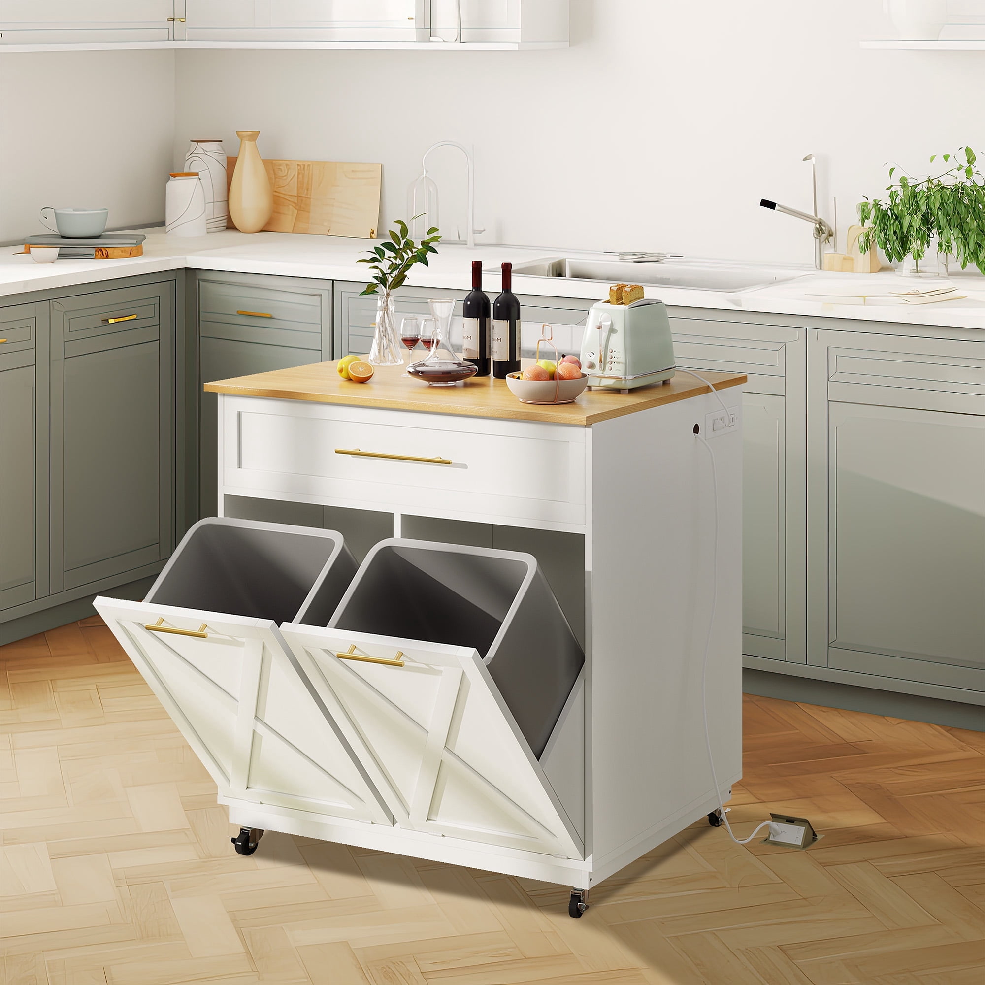 DWVO 39" Kitchen Island with 10 Gallon Double Tilt Out Trash Can and Charging Station, Rolling Island Cart with Storage Cabinet and 3 Drawers, White