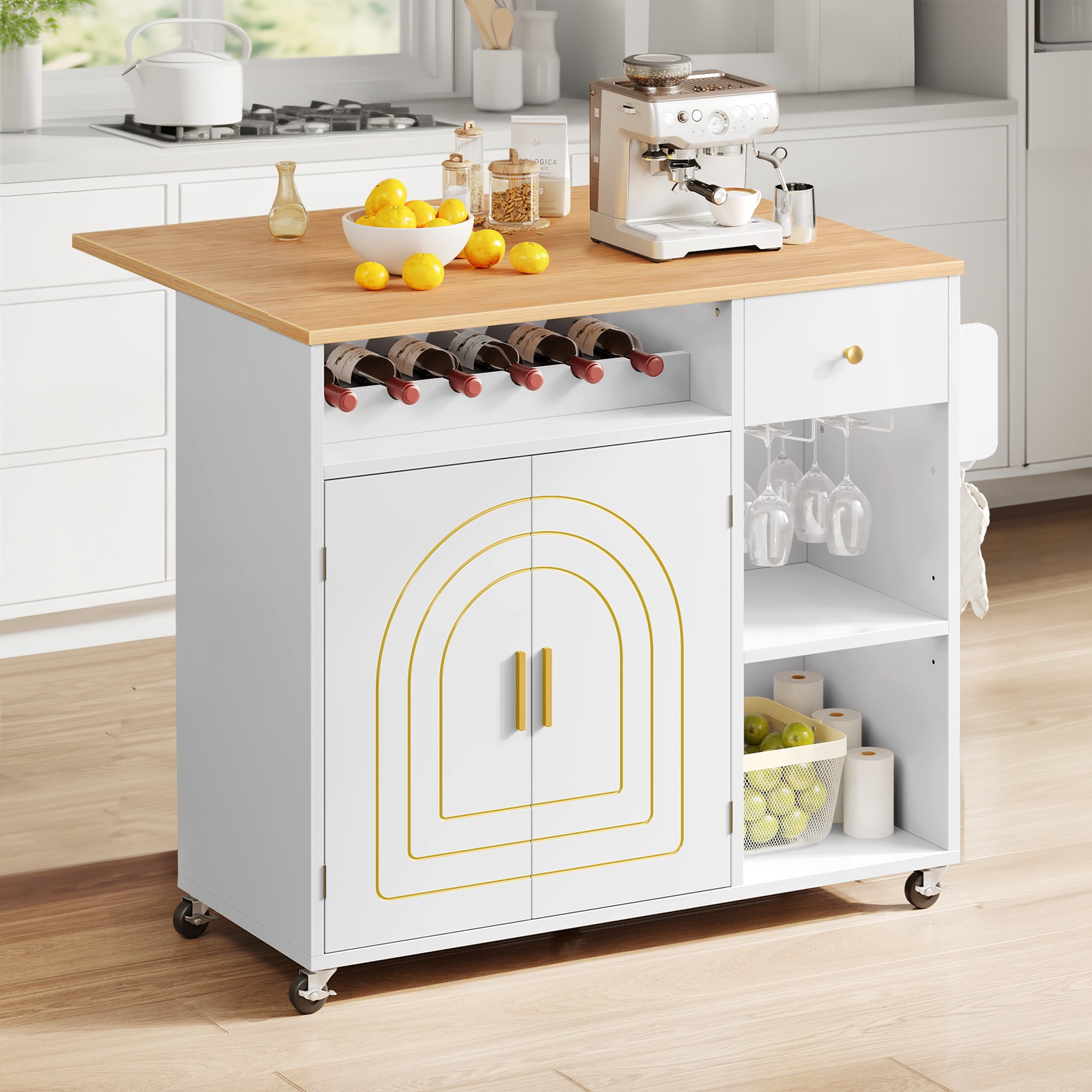 DWVO Kitchen Island Cart with Storage Rolling Kitchen Island Side Table on Wheels with Drawer and Wine Rack Microwave Cart Serving Cart for