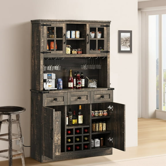 DWVO Kitchen Pantry Storage Cabinet with Charging Station, 72" Freestanding Modern Hutch Cabinet with Buffet Cupboard, Microwave Stand and 3 Drawers, Rustic Brown