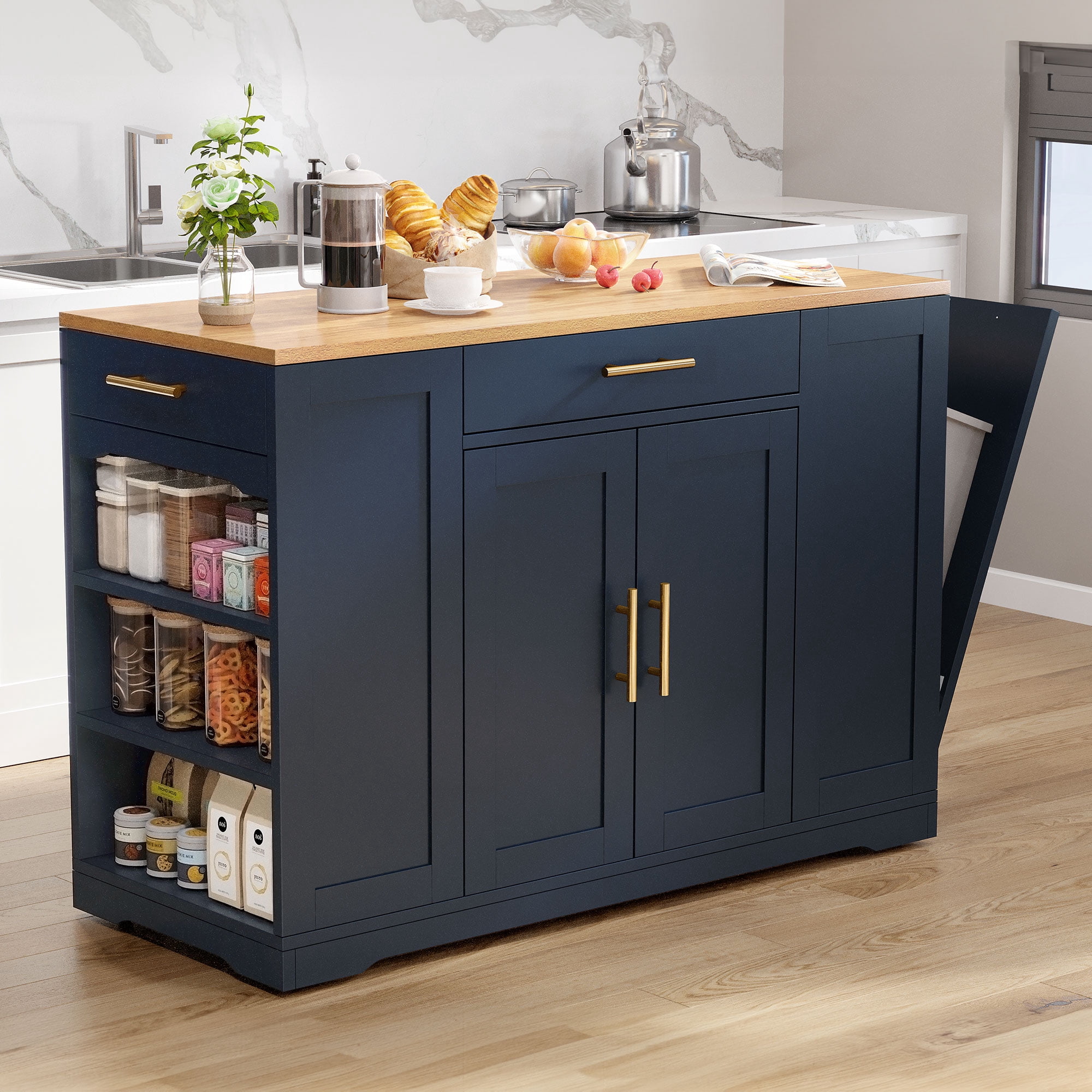 DWVO Kitchen Storage Cart, Rolling Island with Trash Can Cabinet