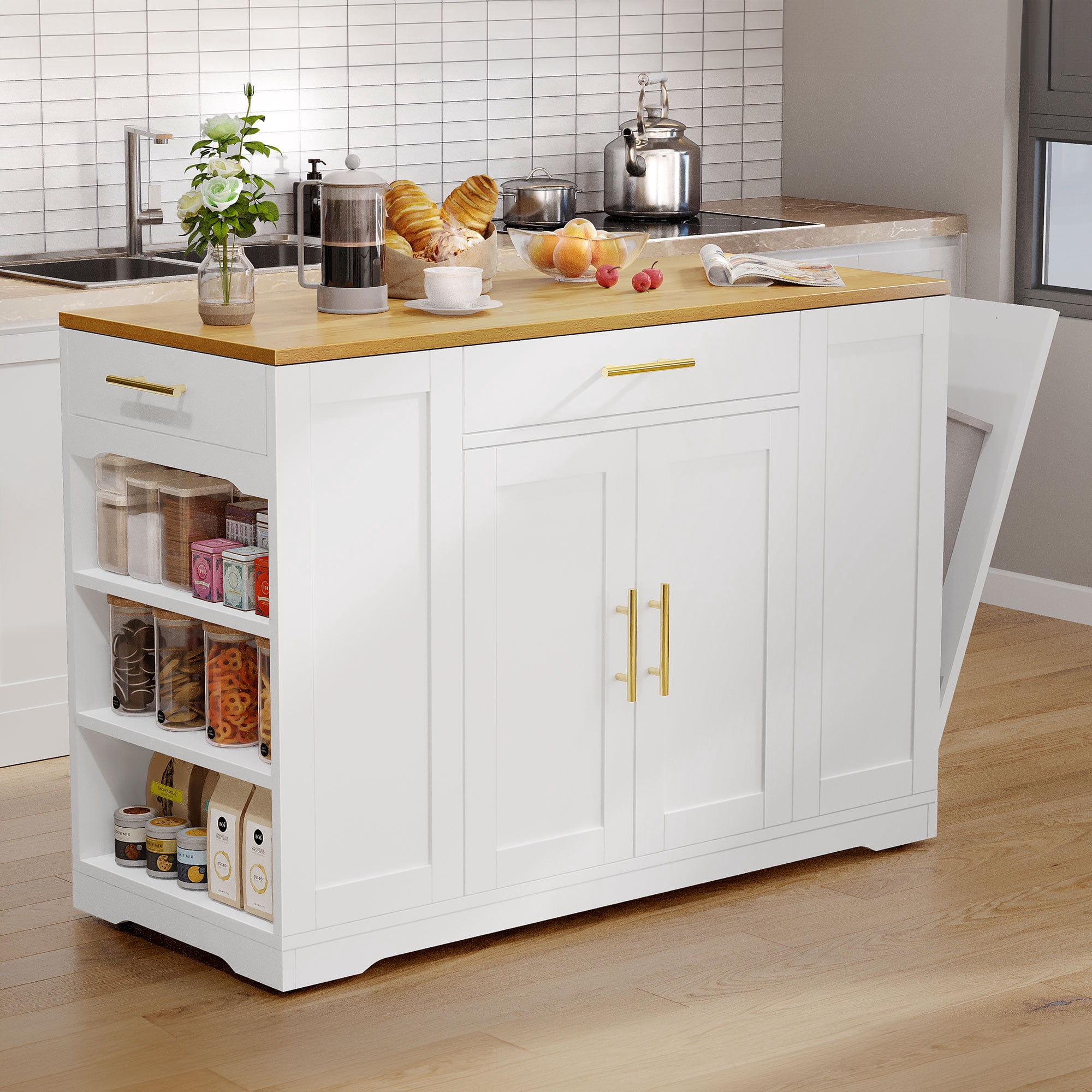 DWVO Kitchen Storage Cart with Trash Can Storage Cabinet, Rolling Kitchen Island with Wheels and Drawers for 13-Gallon Trash Bin, White