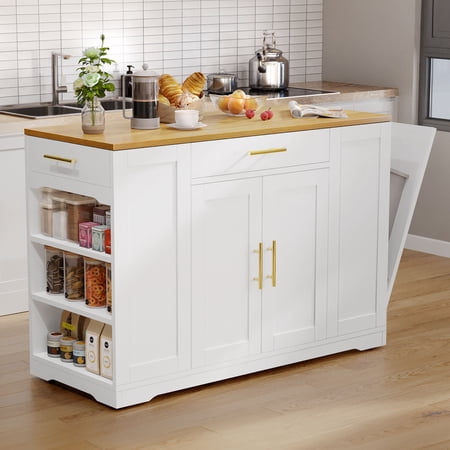 DWVO Kitchen Storage Cart with Trash Can Storage Cabinet, Rolling Kitchen Island with Wheels and Drawers for 13-Gallon Trash Bin, White