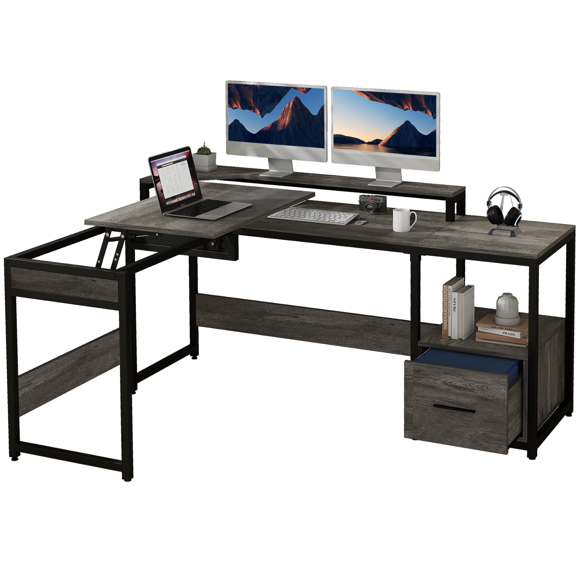 DWVO L Shaped Computer Desk with File Drawer, 65" L Shaped Desk with Monitor Stand, Corner Home Office Desk with Lift Top, Height Adjustable Standing Desk with Storage Shelves, Gray