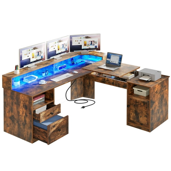 DWVO L Shaped Computer Desk with Power Outlet&LED Lights&File Drawer, 59 '' Corner Computer Table with Hutch& Storage Shelves, Gaming Desk Office Desk with Lift Top For Home Office, Rustic Brown