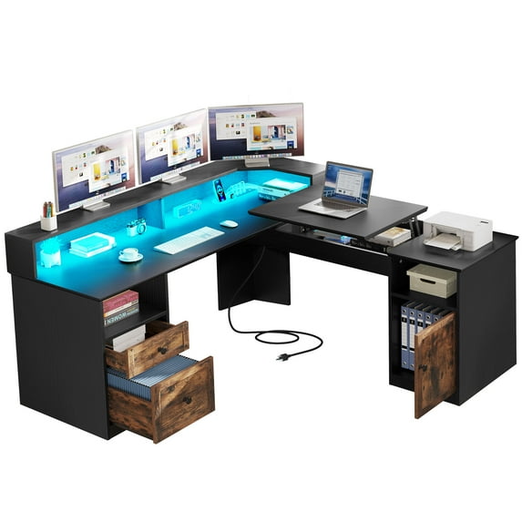 DWVO L Shaped Computer Desk with Power Outlet&LED Lights&File Drawer, 59 '' Corner Computer Table with Hutch& Storage Shelves, Gaming Desk Office Desk with Lift Top For Home Office, Black & Brown