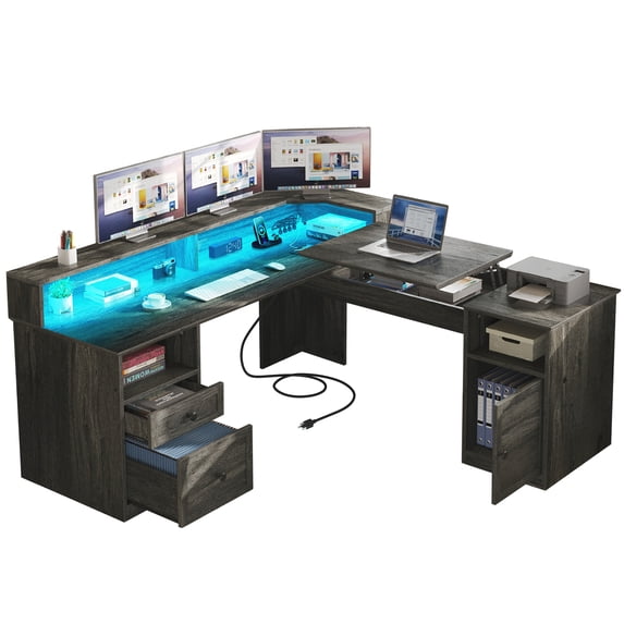 DWVO L Shaped Desk with Drawers & Lift Top , 60" Corner Computer Desk with Power Outlet & LED Lights, Office Desk Game Desk with Monitor Stand & File Cabinet, Gray