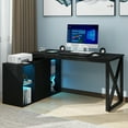 thumbnail image 1 of DWVO L Shaped Desk with LED Light & Power Outlets, 55 Inch Reversible Corner Desk with File Cabinet & Storage Shelves, Computer Desk Office Desk Writing Desk for Home Office, Black, 1 of 13