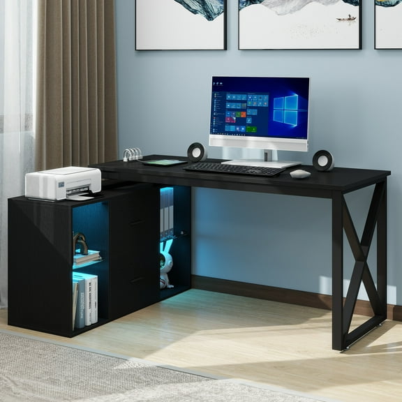 DWVO L Shaped Desk with LED Light & Power Outlets, 55 Inch Reversible Corner Desk with File Cabinet & Storage Shelves, Computer Desk Office Desk Writing Desk for Home Office, Black