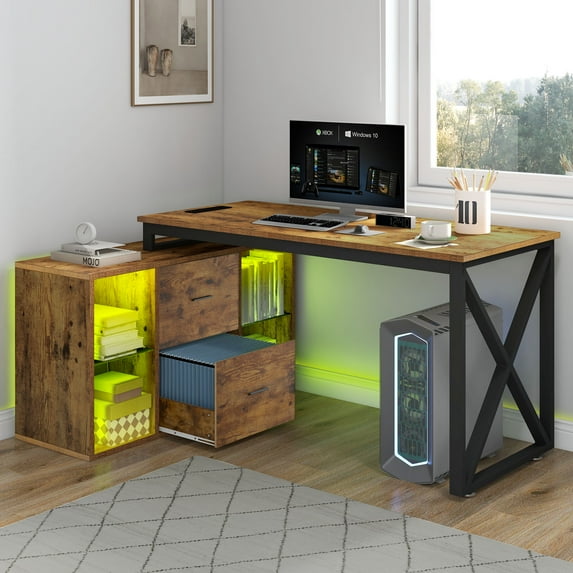 DWVO L Shaped Desk with LED Light & Power Outlets, 55 Inch Reversible Corner Desk with File Cabinet & Storage Shelves, Computer Desk Office Desk Writing Desk for Home Office, Brown