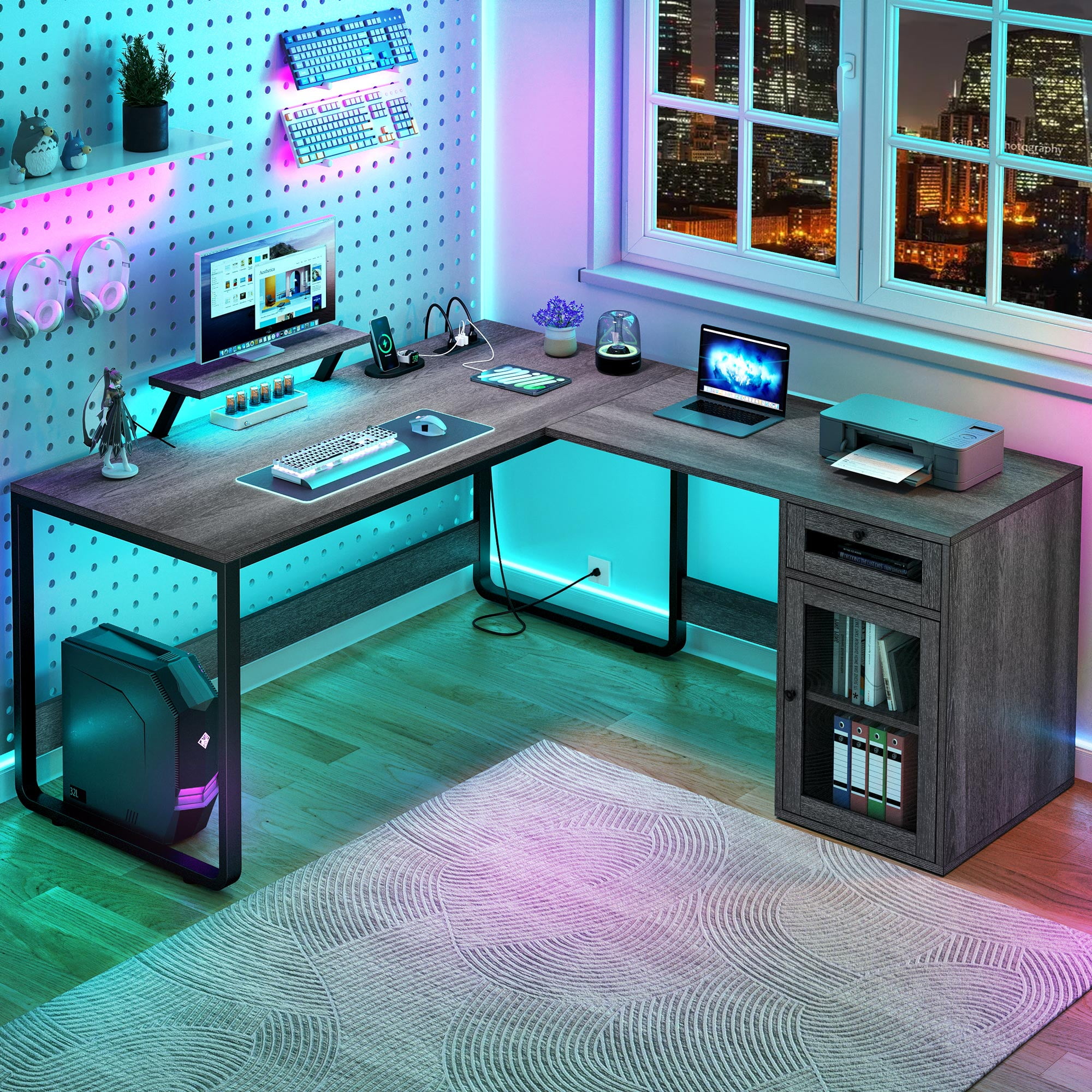 DWVO L Shaped Desk with Power Outlets & LED Lights, Reversible Computer