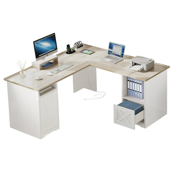 DWVO L Shaped Desk with Drawers, 60" L-Shaped Desk with Power Outlets, Corner Computer Desk , Home Office Desk with Monitor Stand, Oak