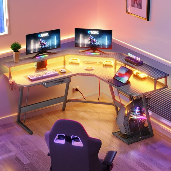 DWVO L-Shaped Gaming Desk with Large Monitor Riser Stand, Corner Computer Desk with LED & Power Outlets, Carbon Corner Desk Table for Home and Work Place,Black