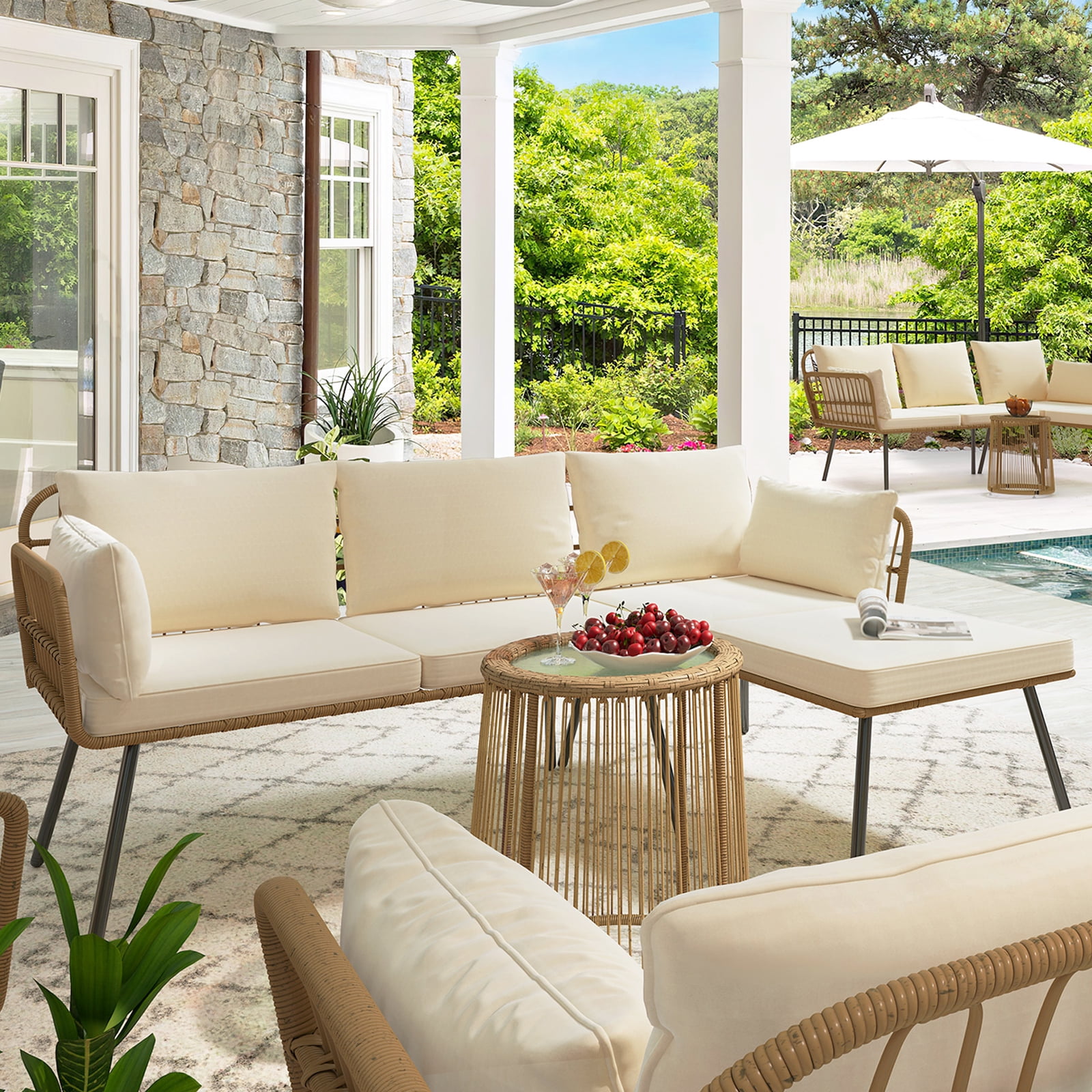 DWVO L-Shaped Patio Sofa Conversation Set, Wicker Boho Patio Furniture, L-Shaped Sofa ( With Cushions ) and Coffee Table for Patio, Balcony, Backyard, Deck - Beige