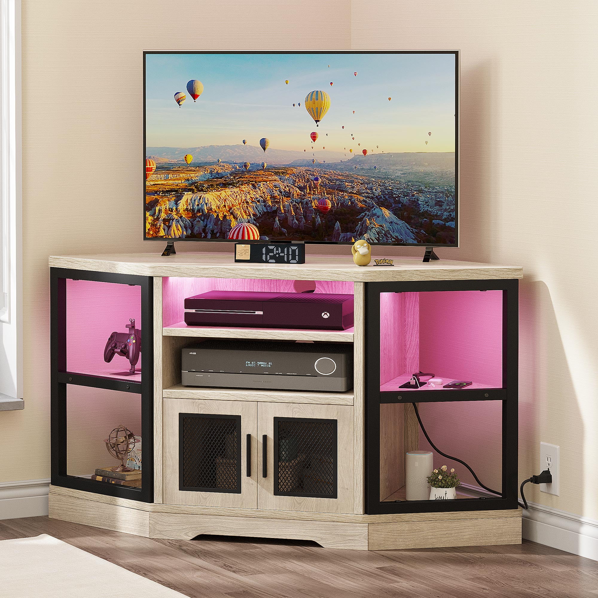 DWVO LED Corner TV Stand for TVs up to 55 Inch with Power Outlet Wood Entertainment Center TV Media Console with Storage White Oak