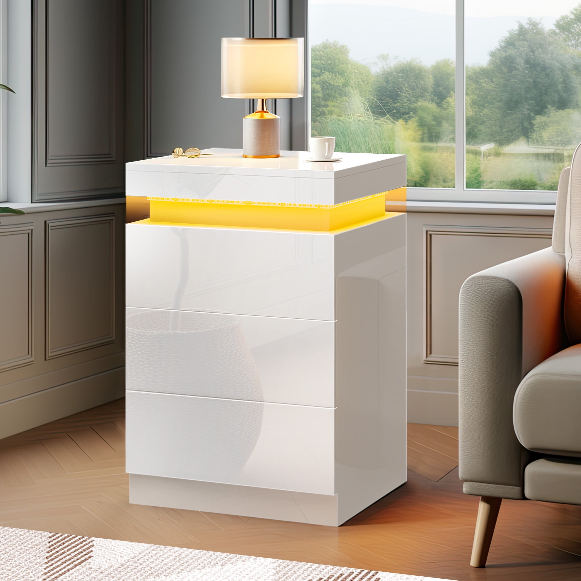 DWVO LED Nightstand with 3 Drawers, 27" H Modern Bedside table with