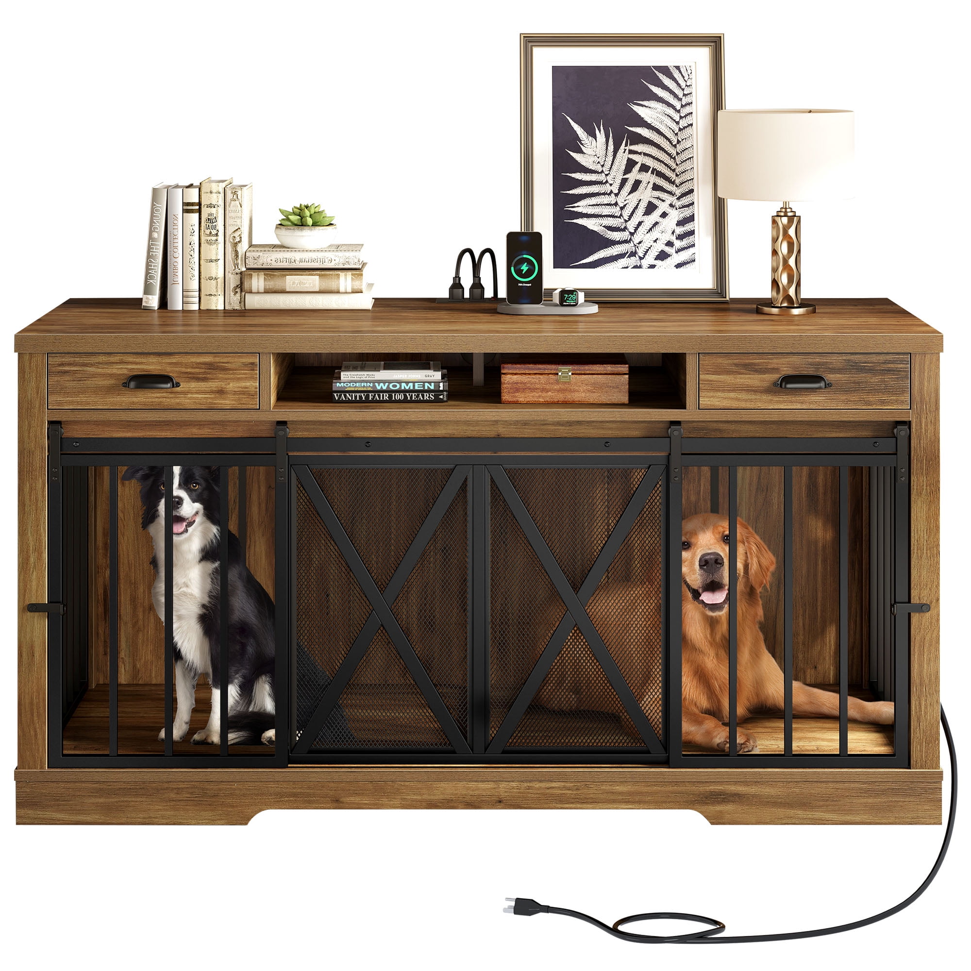 DWVO 63in Rustic Wooden Double Dog Crate Entertainment Center for