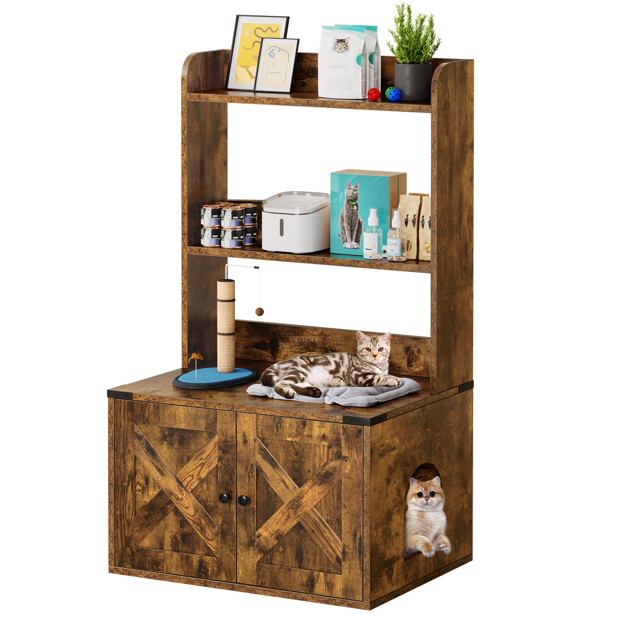 DWVO Large Hidden Cat Litter Box Furniture with 3 Shelves and Doors, Wood Litter Box Enclosure
