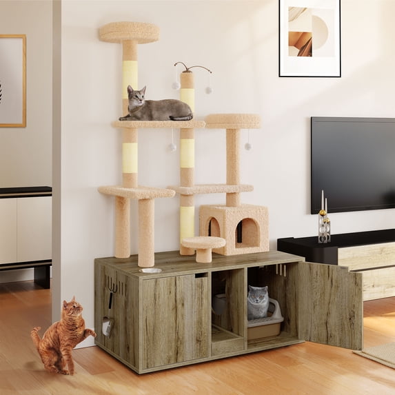 DWVO Large Hidden Litter Cat Box Enclosure with 2 Shelves and Door, Indoor Cat Box/House with Cat Tree for Most Litter Box