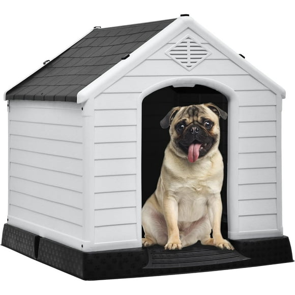 DWVO Large Outdoor Dog House, Plastic Doghouse with Air Vents and Ground Nails, Insulated Water Resistant Puppy Shelter for Small Medium Dogs (28.5''L x 26''W x 28''H, Gray)