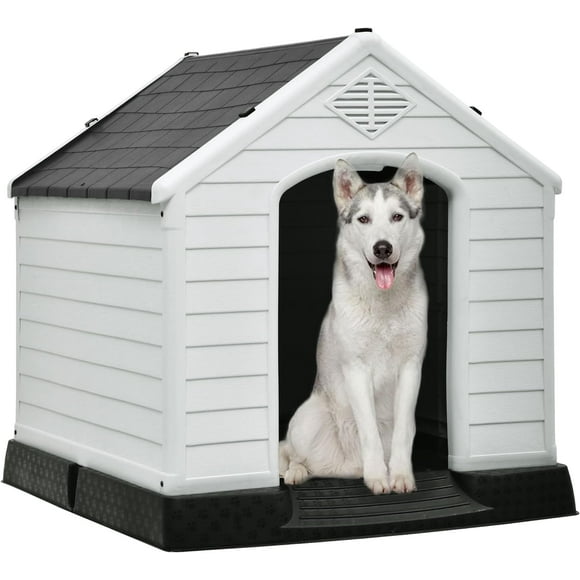 DWVO Large Outdoor Dog House, Plastic Doghouse with Air Vents and Ground Nails, Insulated Water Resistant Puppy Shelter for Small Medium Dogs (41''L x 38''W x 39''H, Gray)