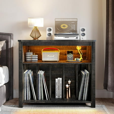 DWVO Large Turntable Stand Record Player Stand with Power Outlets & LED Lights, Holds up to 200 Albums, Rustic Oak