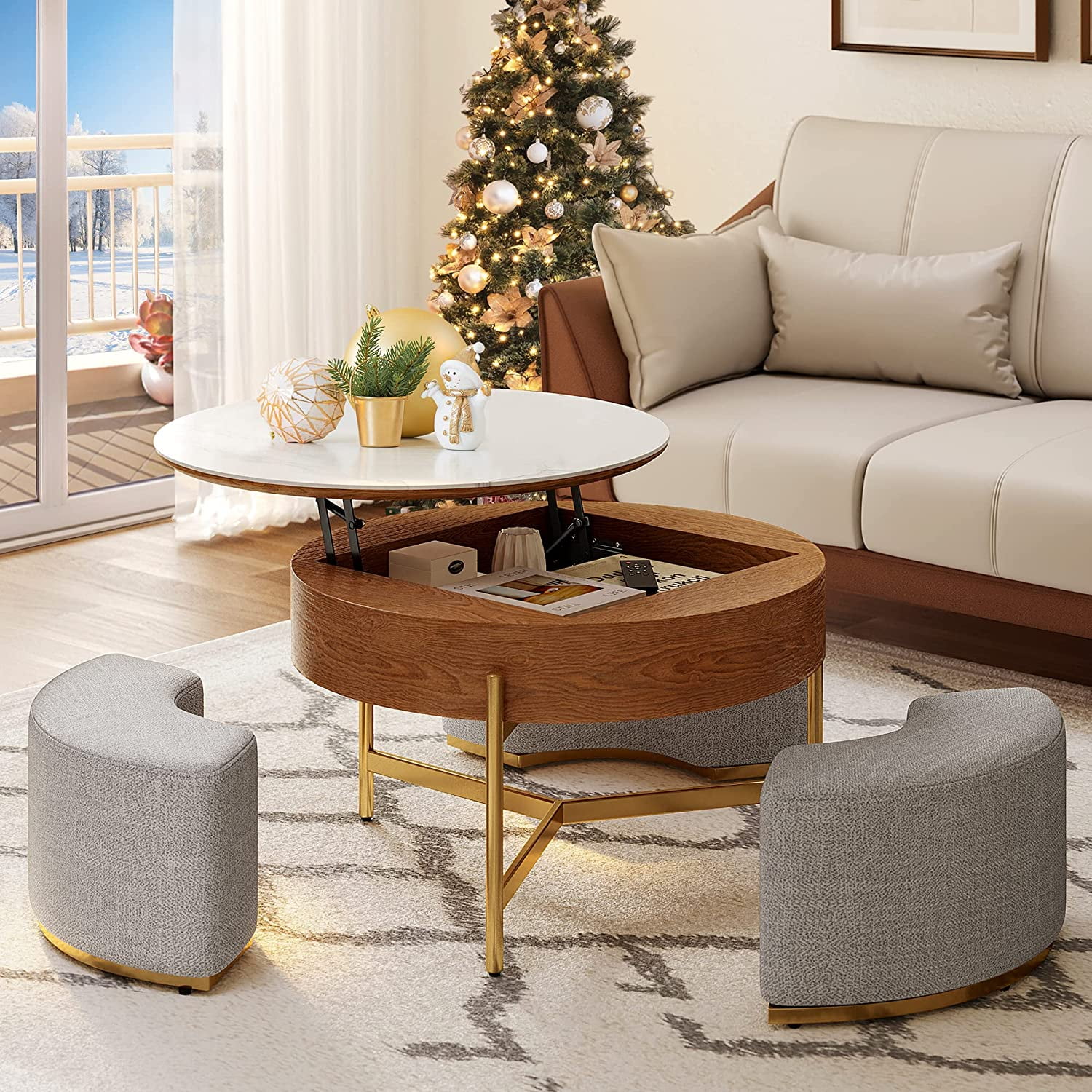DWVO Round Lift Top Coffee Table with Storage & 3 Stools, Stone ...